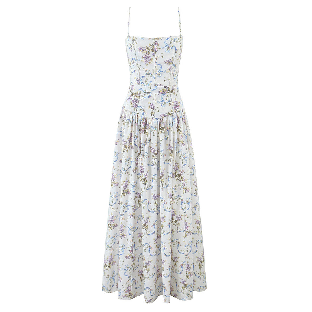 Dame Midi-kjole med floral vintage-design og justerbare spaghetti-stropper Stilla