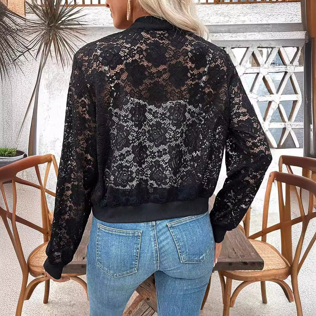 Dame nan spidse-bomberjakke med lynlås, ribbede manchetter og floral gennemsigtighed Skovae