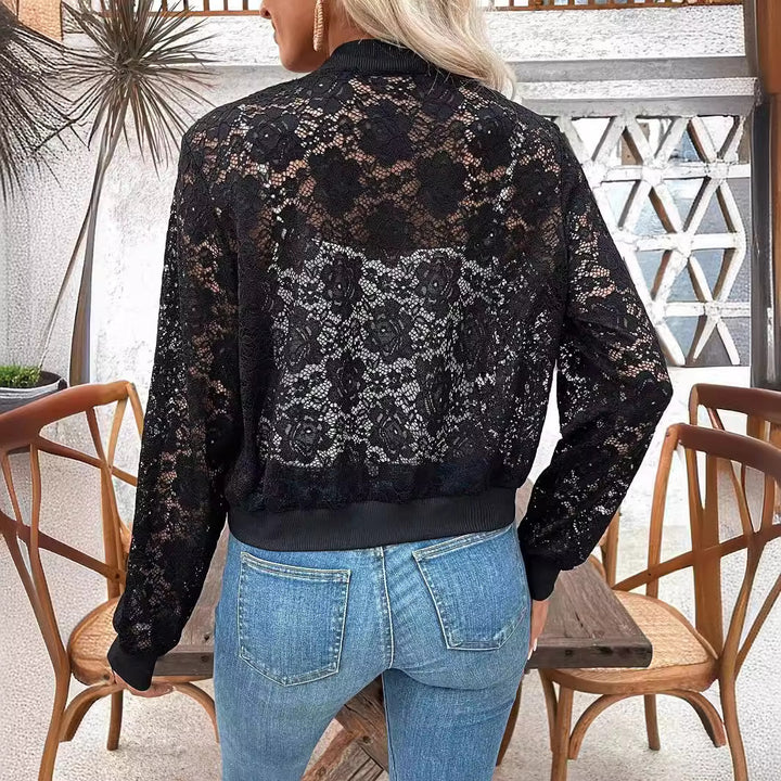 Dame nan spidse-bomberjakke med lynlås, ribbede manchetter og floral gennemsigtighed Skovae
