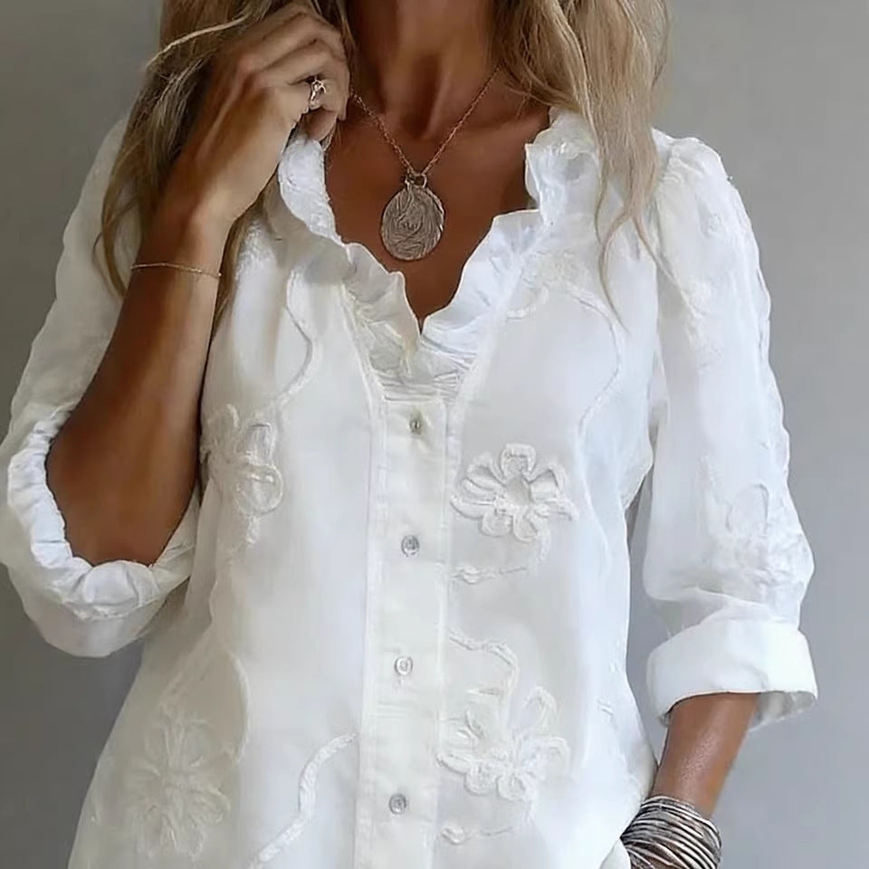 Dame elegant bluse med florale broderier og voluminøse ærmer Skovae