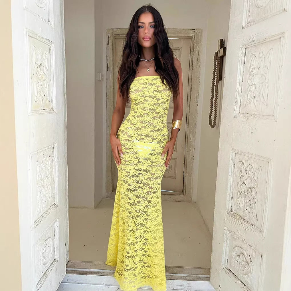 Kvinder Elegant Blonde Maxi Kjole med Strapless Design og Figur-Krammende Snit Stilla