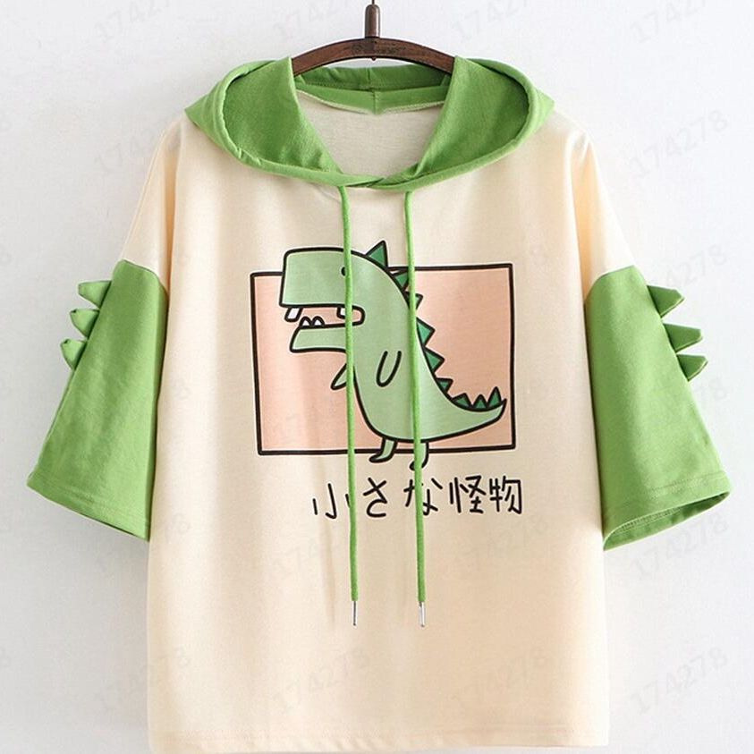 Dame Hoodie-T-shirt med spændende dino-design og stilige 3D-rugfløjter Stilla