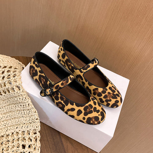 Dame Mary Jane Ballerinas med stilfuldt leopardmønster og komfortabel spænde Stilla