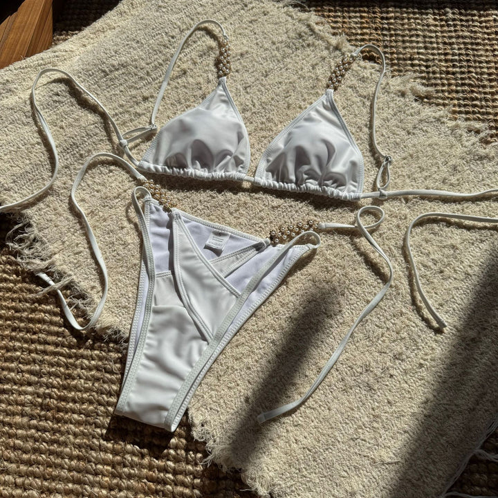 Dame Triangel-Bikini-Sæt med luksuriøse perledetaljer og justerbare stropper Stilla