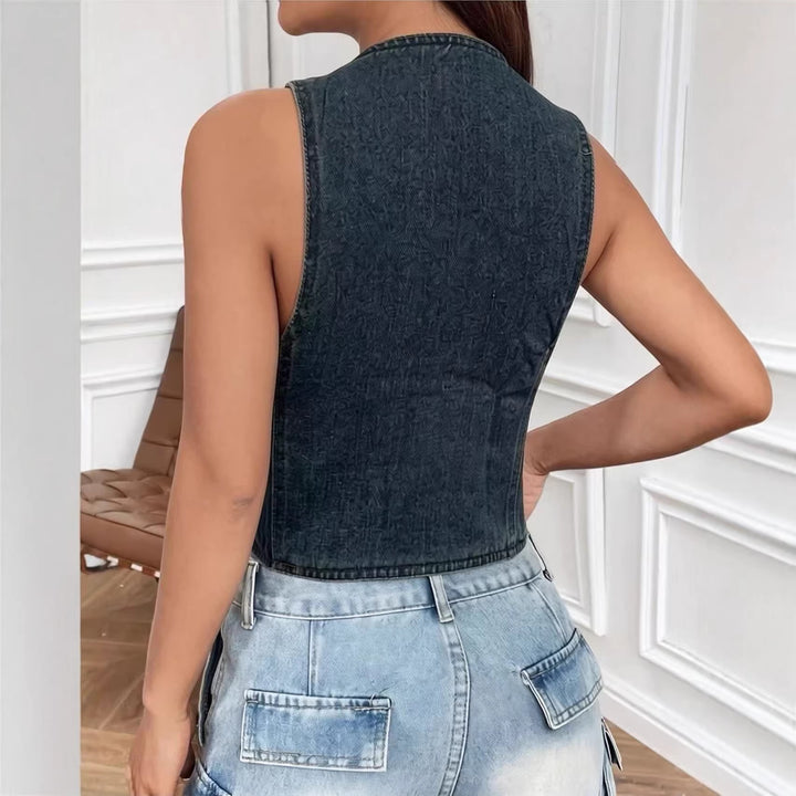 Damer ærmeløs denim-vest med påsyede lommer og dyb V-udskæring Skovae