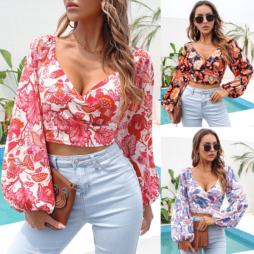 Dame Crop-bluse med blomster mønstre og dyb V-udskæring Stilla