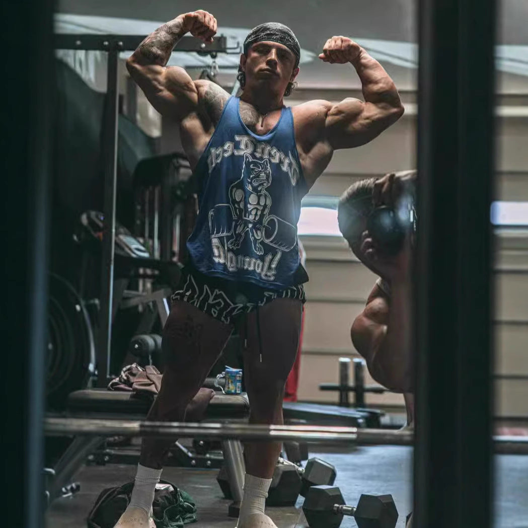 Herren nan figursygt Fitness-Tanktop med Bulldogge-grafik og ekstra dybe armlægninger Skovae