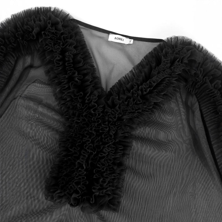 Dame Elegant gennemsigtig bluse med rynkede ærmer Skovae