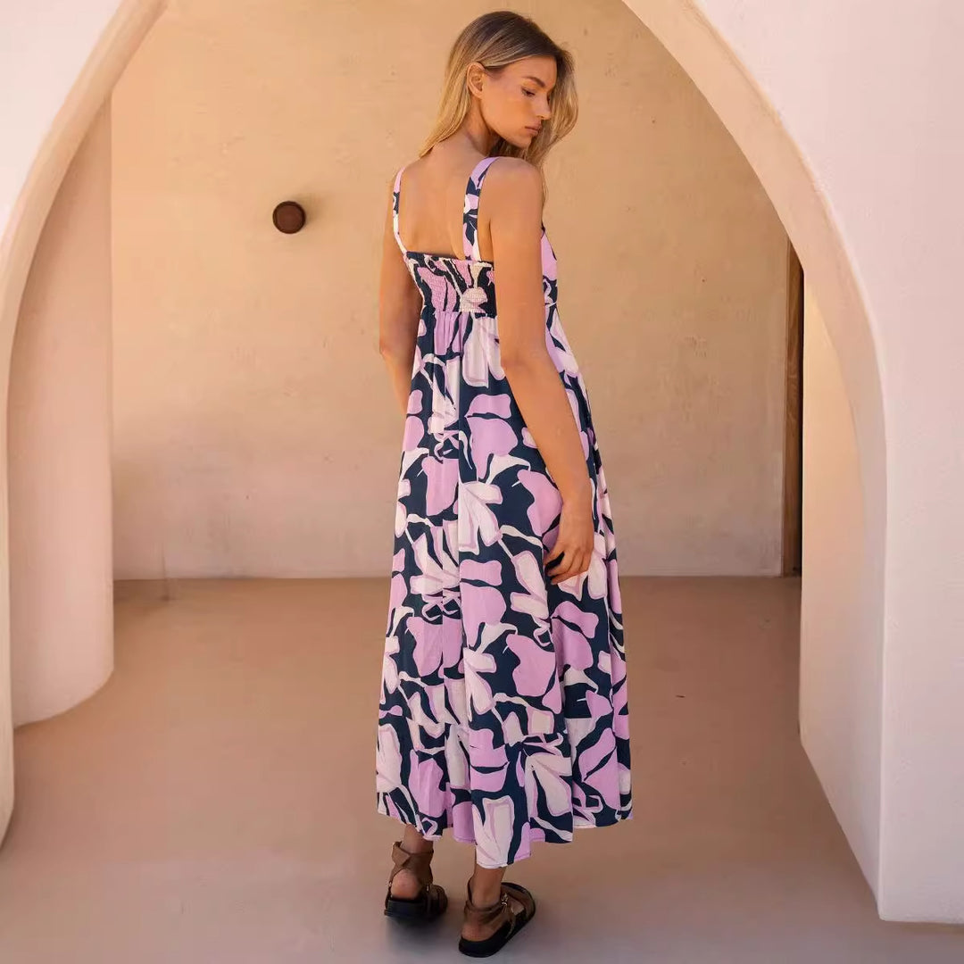 Dame Maxikjole med blomsterprint og justerbare spaghetti stropper Stilla