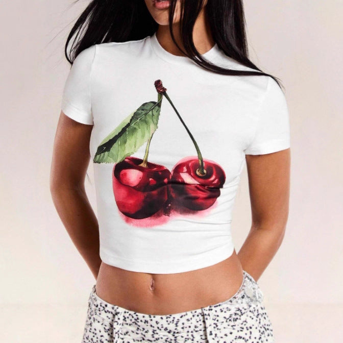 Dame Crop-T-Shirt med frugtrigt kirsebærmotiv og tætsiddende pasform Skovae
