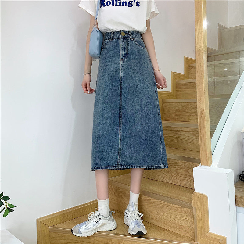 Dame Lang Denim Nederdel med Høj Udkæring og Dekorative Sømme Stilla