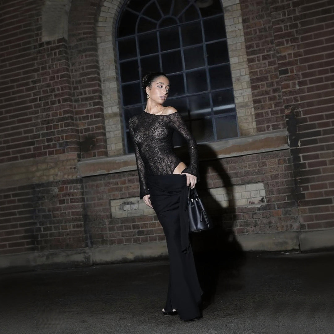 Dame elegant spids bodystocking med smart lang nederdel Skovae