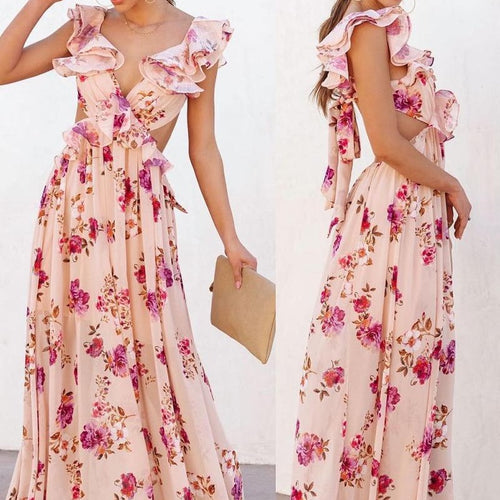 Kvindernes elegante maxikjole med flæse detaljer og blomsterdesign