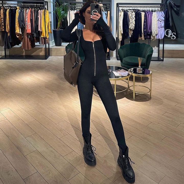 Dame Elegant Langærmet Jumpsuit med transparente indlæg og gennemgående lynlås Stilla
