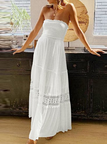 Dame strapless maxikjole med elegant blondedekor Stilla