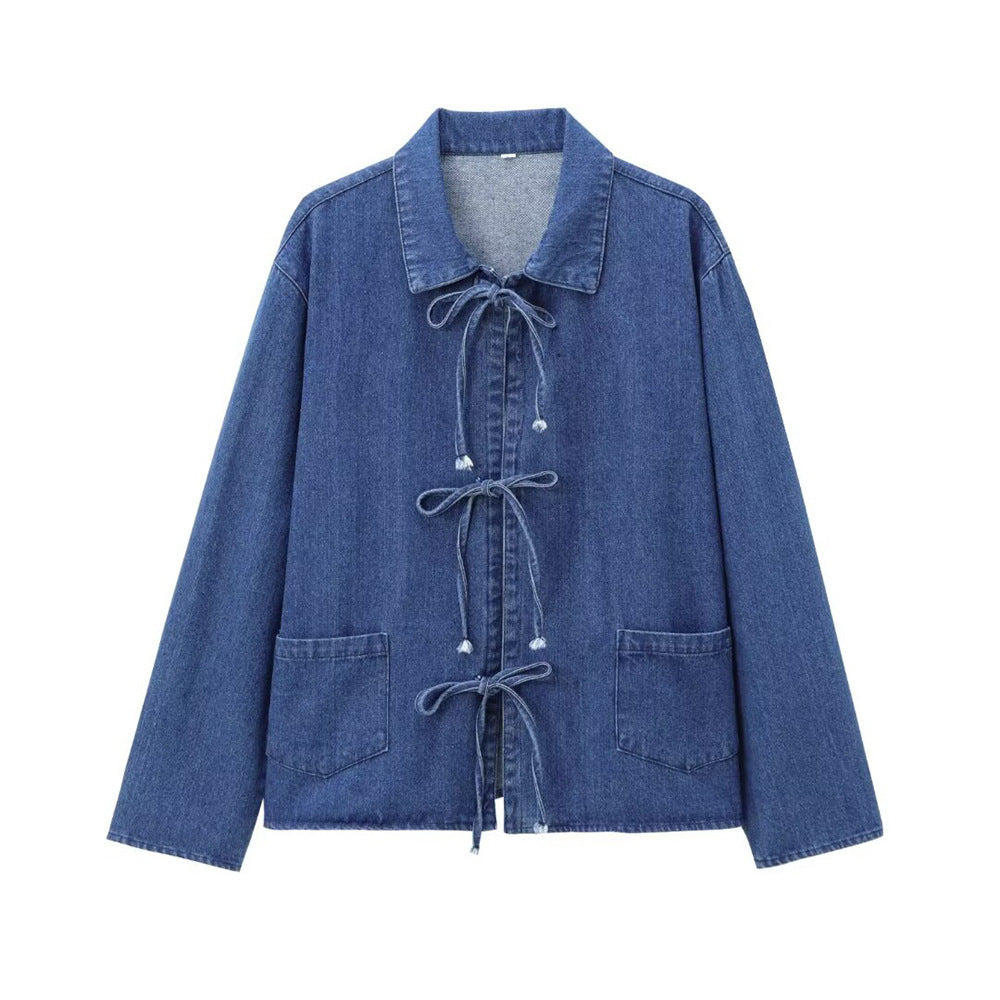 Dame Casual Denim Utility Jakke med Snøre Stilla