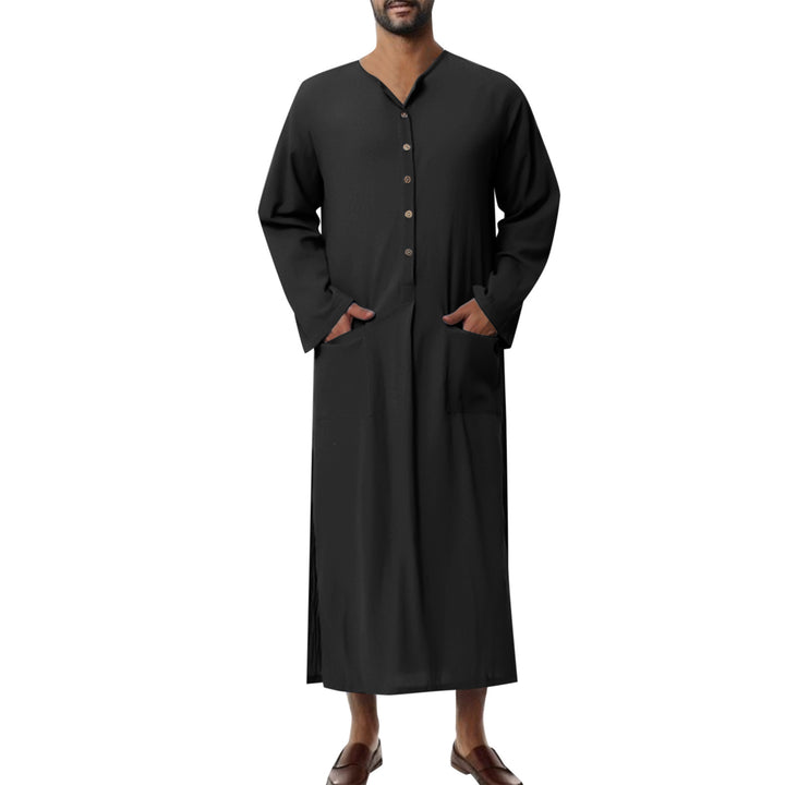 Herrer nan vidt lang tunika-kaftan i åndbar hør med ståkrave knaplukning og påsyede lommer Skovae