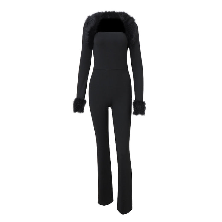Dame Elegant Jumpsuit med Fauspelzdetaljer Stilla