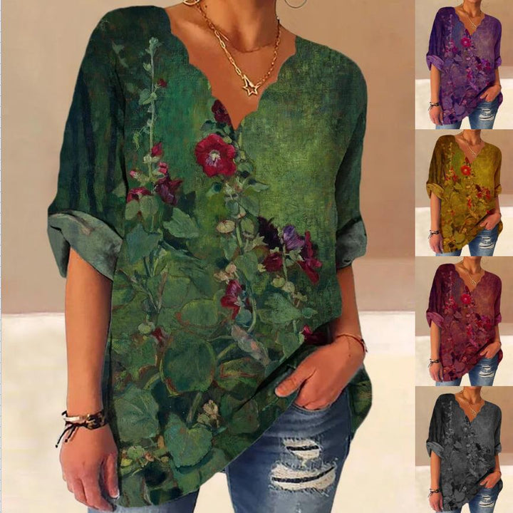 Dame V-hals bluse med kunstnerisk blomsterdesign og løs pasform Stilla