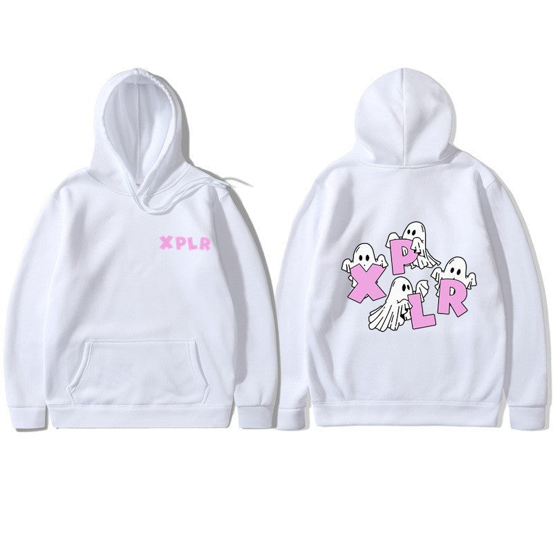 Dame hoodie med kreativt spøgelsesmotiv og kangaroo lomme Skovae