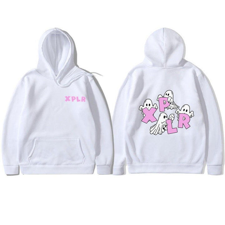 Dame hoodie med kreativt spøgelsesmotiv og kangaroo lomme Skovae