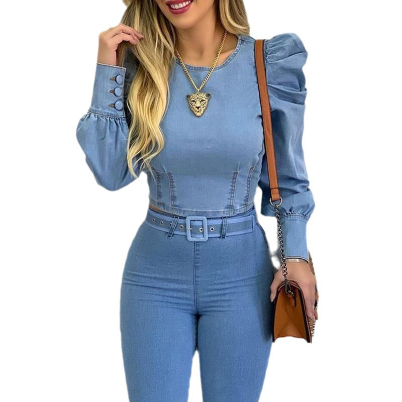 Dame jeans overall med puffærmer og taljerbar bælte Stilla