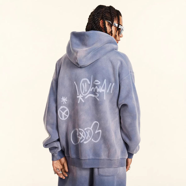 Unisex nan oversized hættetrøje med gennemgående lynlås, børstet fleecefor og håndlignende sprayprint Skovae