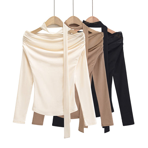 Dame Off-Shoulder Langærmet Top med elegant Drapée-Effekt Stilla