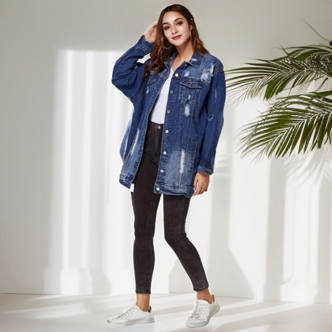 Dame Oversized Denim-jakke i vintage-look med destroyed-detaljer Stilla