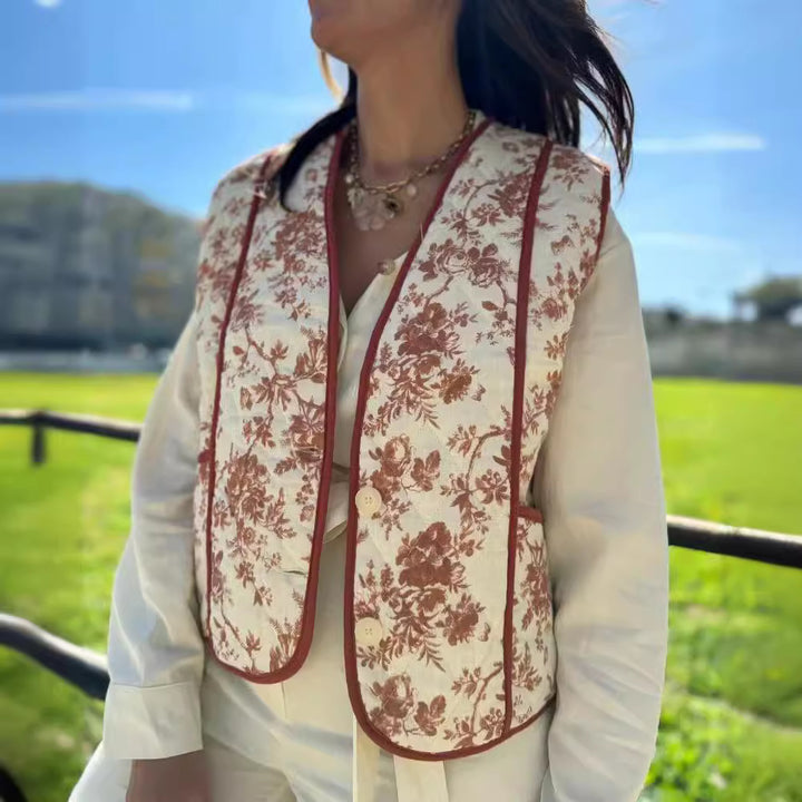 Dame Frynset Vest med blomsterdesign og praktiske lommer Stilla