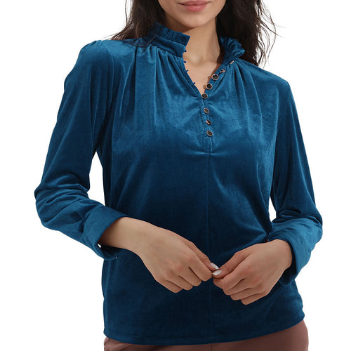 Dame Elegant top med ruffles detaljer og knaplukning Stilla