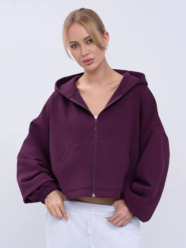 Kvinder Cropped Hoodie Jakke med Lynlås og Oversized Ærmer Skovae