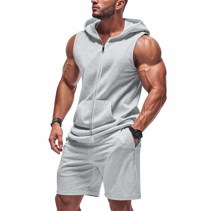 Herre nan sporty hættetrøje sæt med ærmeløs sweatshirt, gennemgående lynlås og træningsshorts Skovae