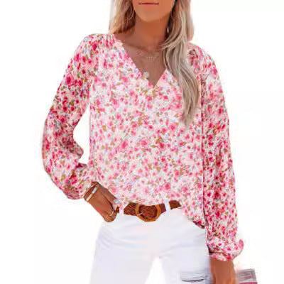 Dame bluse med blomster mønstre og V-hals Stilla