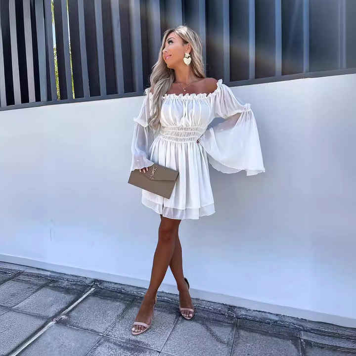 Women's Off-Shoulder Mini Dress with Elastic Waistband and Flowing Fabric