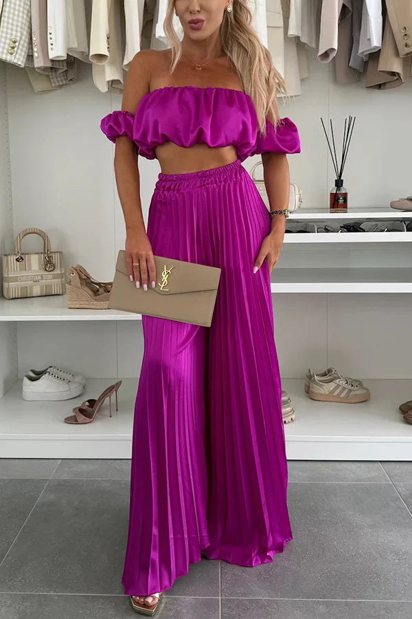 Dame Plisseret Maxi Nederdel og Off-Shoulder Crop Top Sæt Stilla