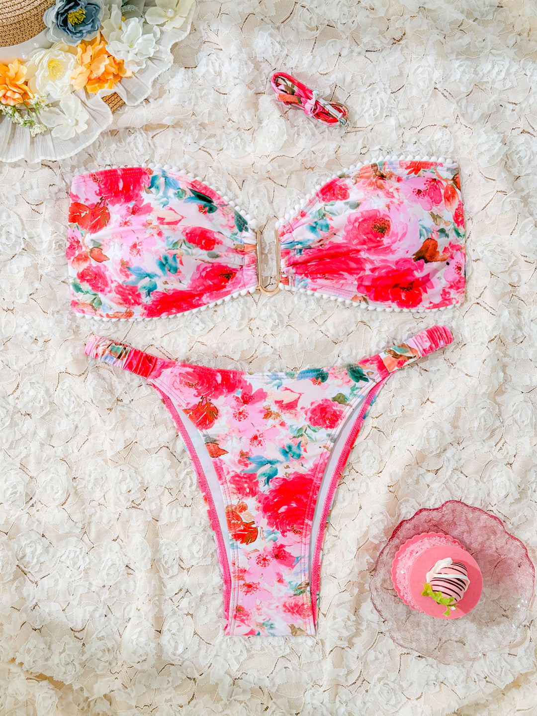 Dame Floral Print Bandeau Bikini Sæt Stilla