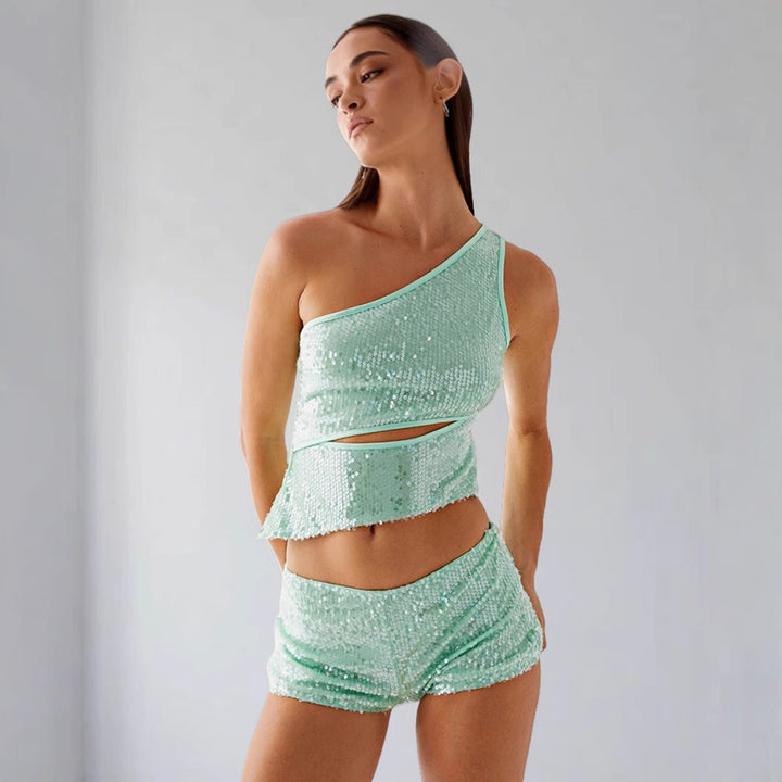 Kvinders glitrende top og shorts sæt Skovae