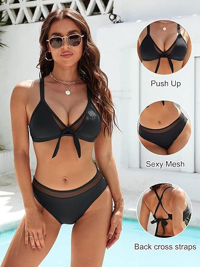 Dame Push-Up-Bikini-Top med sexet mesh og rygkors-stropper Skovae
