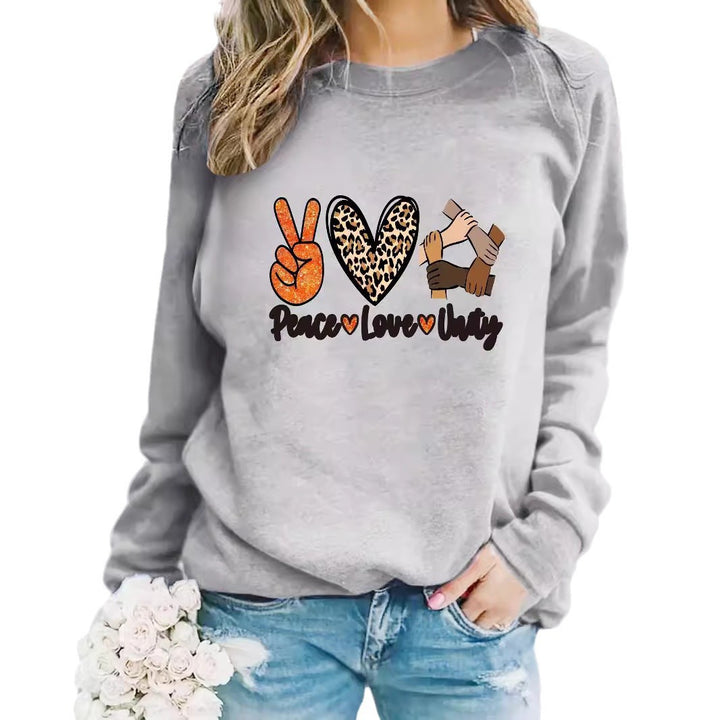 Kvinders sweatshirt med kreativt Peace, Love & Unity design Stilla