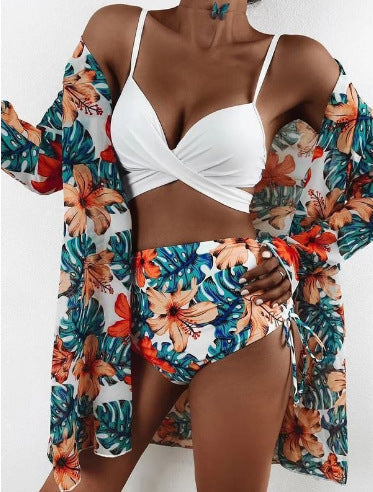 Dame To-delt Bikini-sæt med blomsteret indpakningsskjorte Skovae