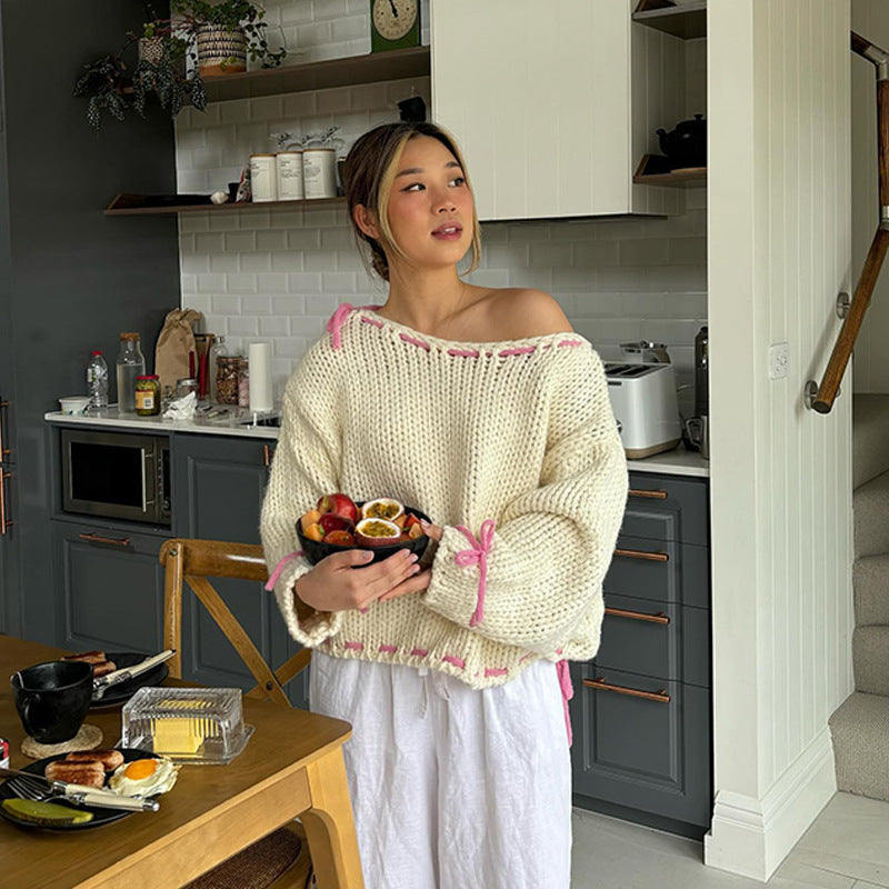 Kvindernes afslappede strikket sweater med åbne skuldre og snøre detaljer Stilla