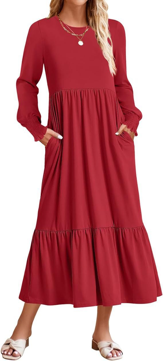 Dame Flydende Maxikjole med elastiske ærmer og praktiske lommer Stilla