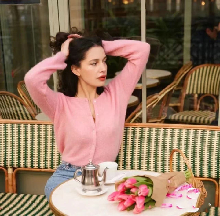 Dame strikjakke i fint mohair-blanding med elegante knapper Stilla