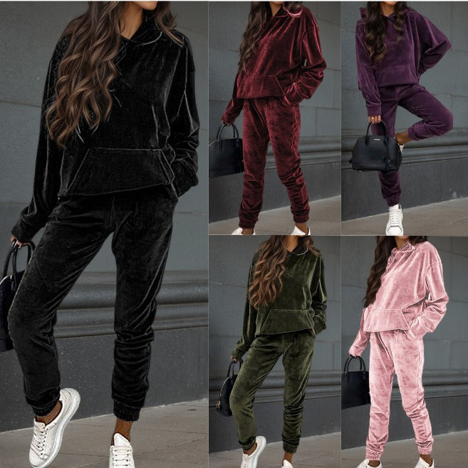 Damer sporty fleece sæt med hætte og elastisk linning Stilla