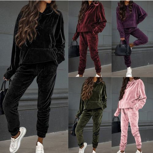 Damer sporty fleece sæt med hætte og elastisk linning Stilla