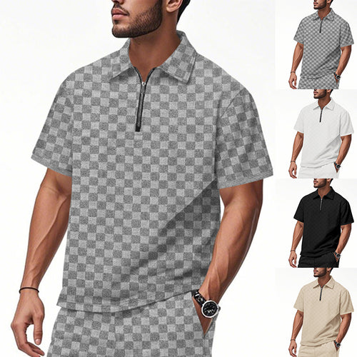 Herren nan kort halvlyn poloshirt i struktureret wafflestrik med skjortekrave og figursyet pasform Skovae