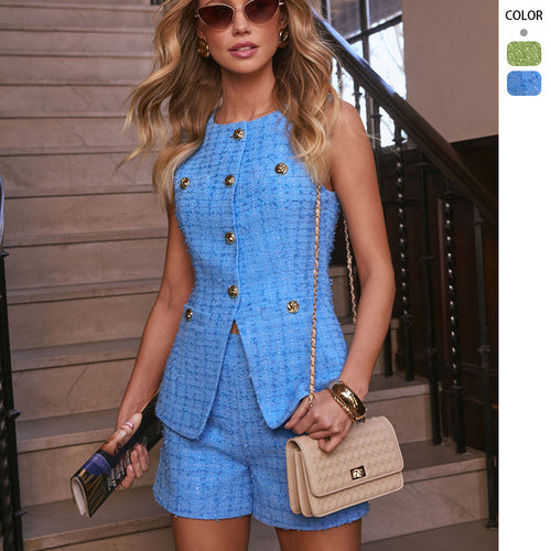 Kvinder Elegant Tweed Sæt med Chic Blazer og Shorts Stilla