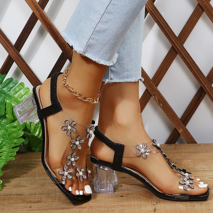 Dame elegante sandaler med blomsterapplikationer og gennemsigtig hæl Stilla