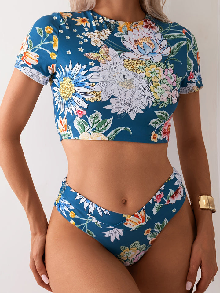 Damer Crop-Top Bade-Sæt med blomsterdesign og høj benudskæring Stilla